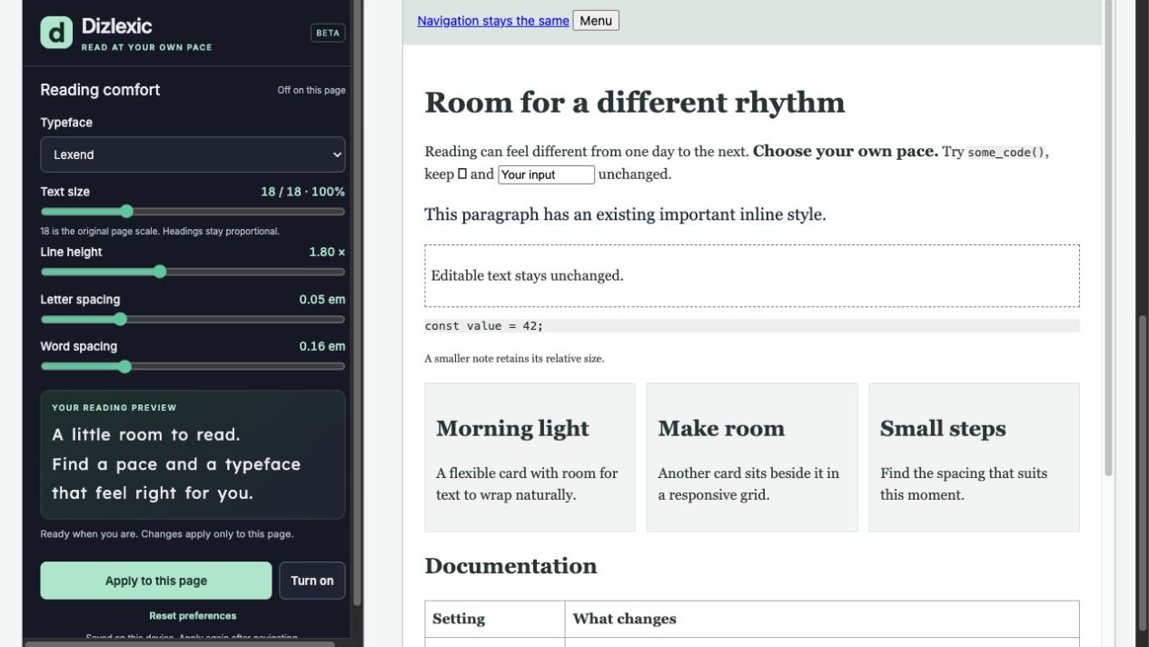 Dizlexic beta preview showing typeface, text size and spacing controls alongside a sample reading page